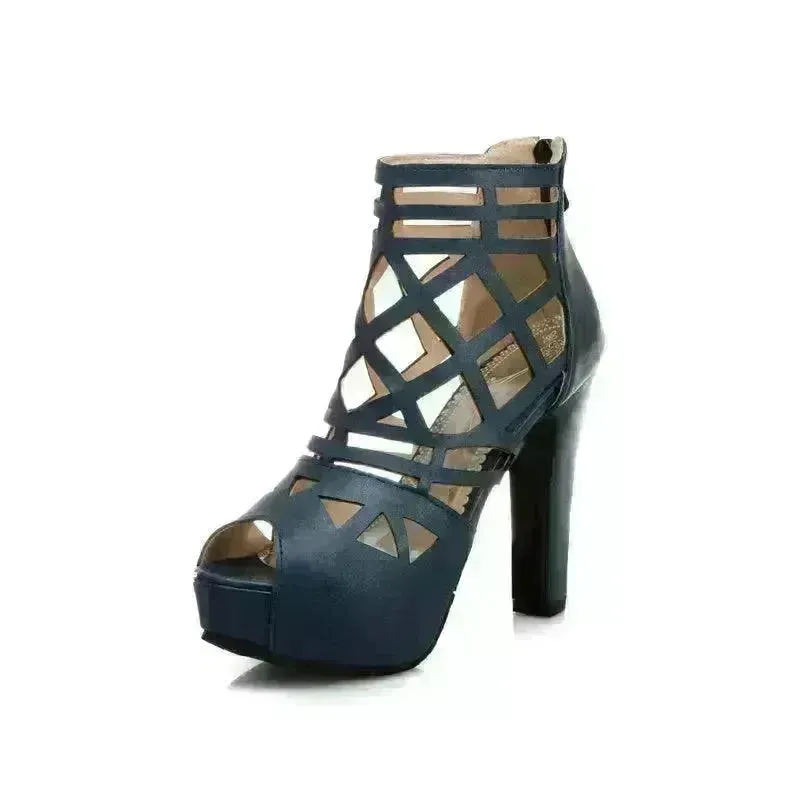 Classy Back Zipper Hollow Super High Thick Heel Fish Mouth Sandal Shoe