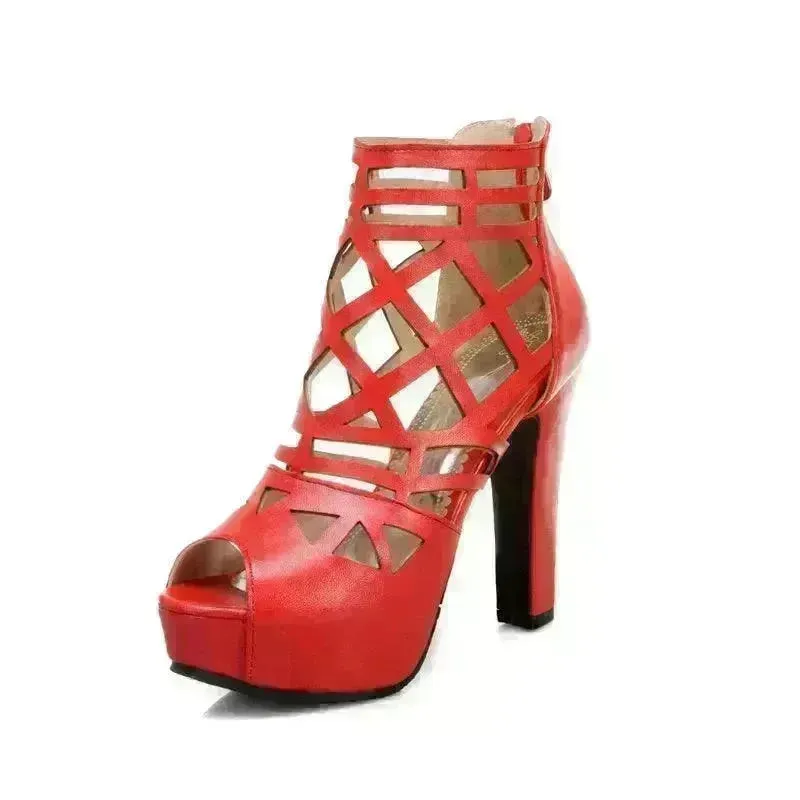 Classy Back Zipper Hollow Super High Thick Heel Fish Mouth Sandal Shoe