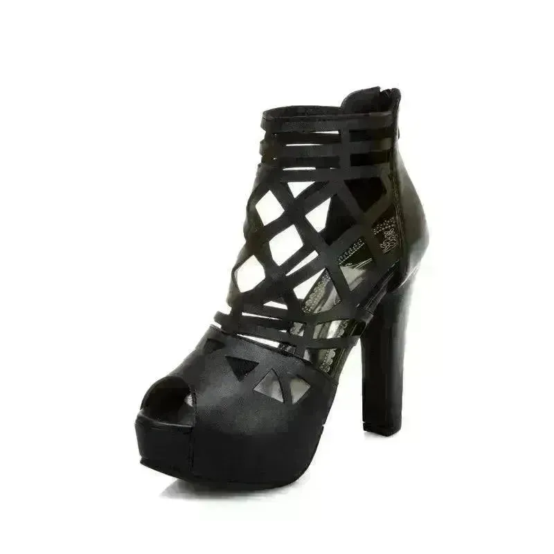 Classy Back Zipper Hollow Super High Thick Heel Fish Mouth Sandal Shoe