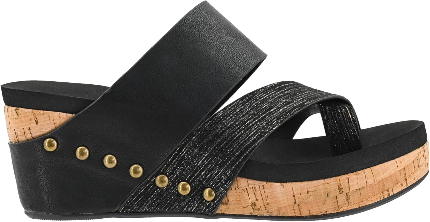 Corkys Footwear Women's Bashful 2.5 inch Wedge - Black - Features a Strappy Upper, Slip-in Design, Comfortable EVA Insoles, a Studded Outsole, and a Toe Wrap - Size 6