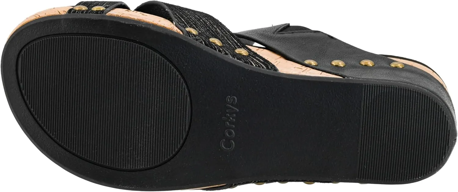 Corkys Footwear Women's Bashful 2.5 inch Wedge - Black - Features a Strappy Upper, Slip-in Design, Comfortable EVA Insoles, a Studded Outsole, and a Toe Wrap - Size 8