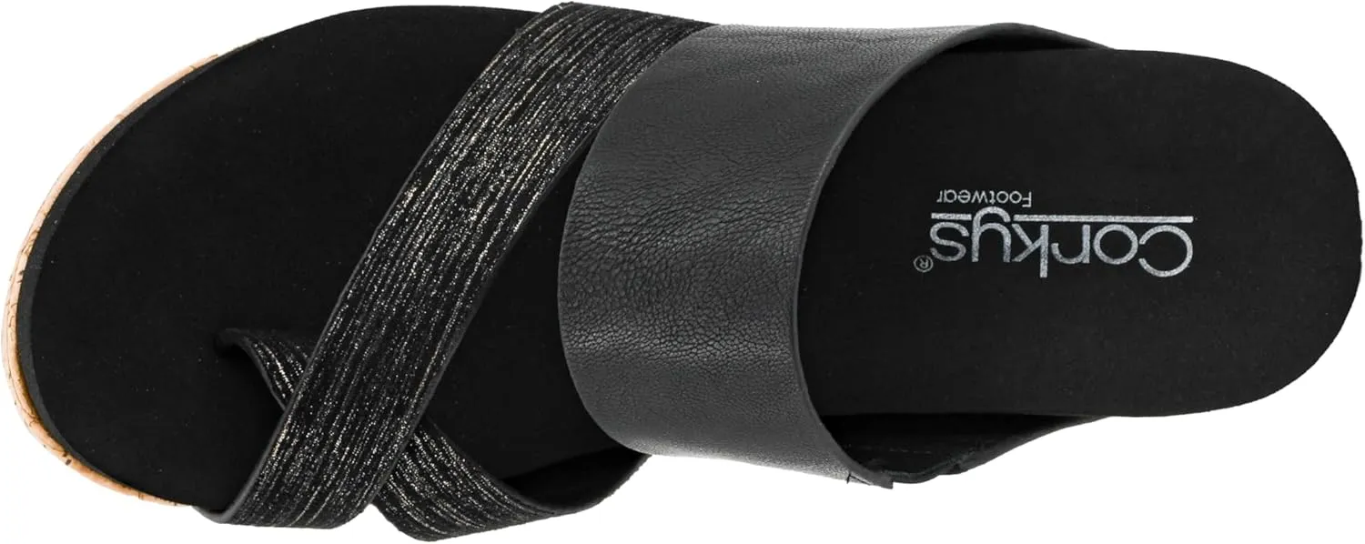 Corkys Footwear Women's Bashful 2.5 inch Wedge - Black - Features a Strappy Upper, Slip-in Design, Comfortable EVA Insoles, a Studded Outsole, and a Toe Wrap - Size 8