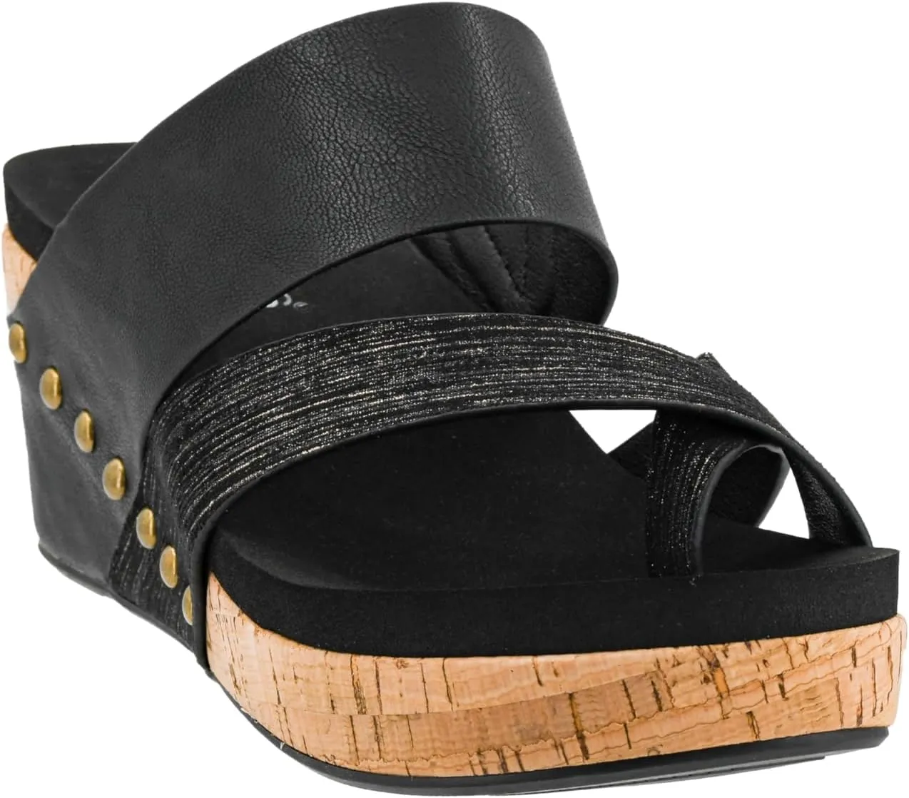Corkys Footwear Women's Bashful 2.5 inch Wedge - Black - Features a Strappy Upper, Slip-in Design, Comfortable EVA Insoles, a Studded Outsole, and a Toe Wrap - Size 8