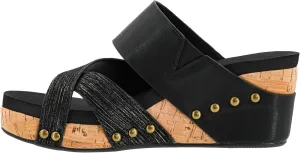 Corkys Footwear Women's Bashful 2.5 inch Wedge - Black - Features a Strappy Upper, Slip-in Design, Comfortable EVA Insoles, a Studded Outsole, and a Toe Wrap - Size 8