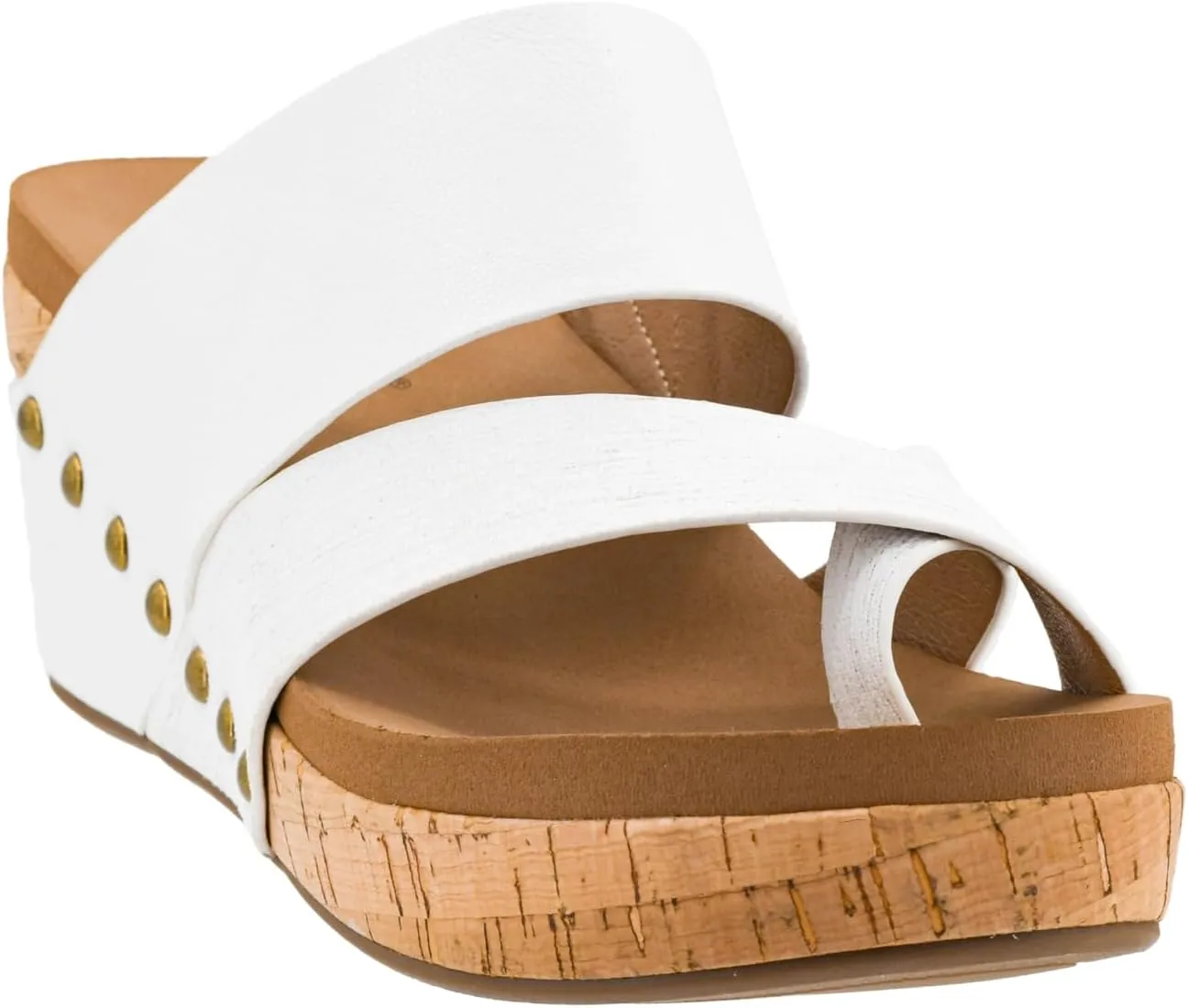 Corkys Footwear Women's Bashful 2.5 inch Wedge - White - Features a Strappy Upper, Slip-in Design, Comfortable EVA Insoles, a Studded Outsole, and a Toe Wrap - Size 8