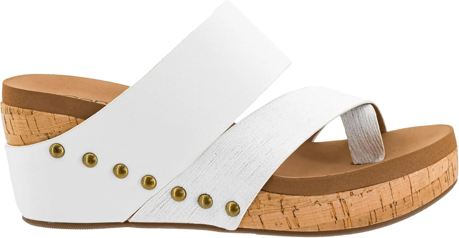Corkys Footwear Women's Bashful 2.5 inch Wedge - White - Features a Strappy Upper, Slip-in Design, Comfortable EVA Insoles, a Studded Outsole, and a Toe Wrap - Size 8