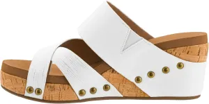 Corkys Footwear Women's Bashful 2.5 inch Wedge - White - Features a Strappy Upper, Slip-in Design, Comfortable EVA Insoles, a Studded Outsole, and a Toe Wrap - Size 8