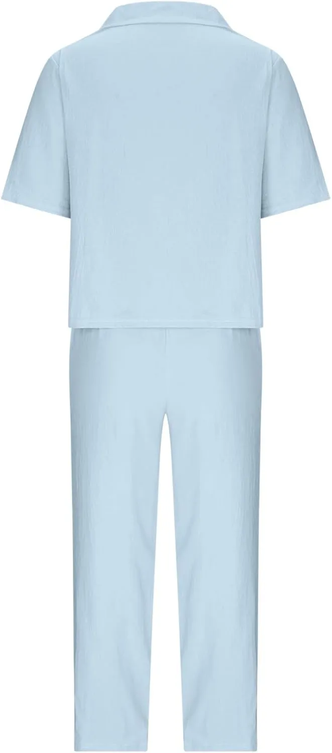 Cotton Linen Two Piece Set For Women Summer Vacation Outfits Sets Short Sleeve Tops Wide Leg Pants Matching Lounge Set