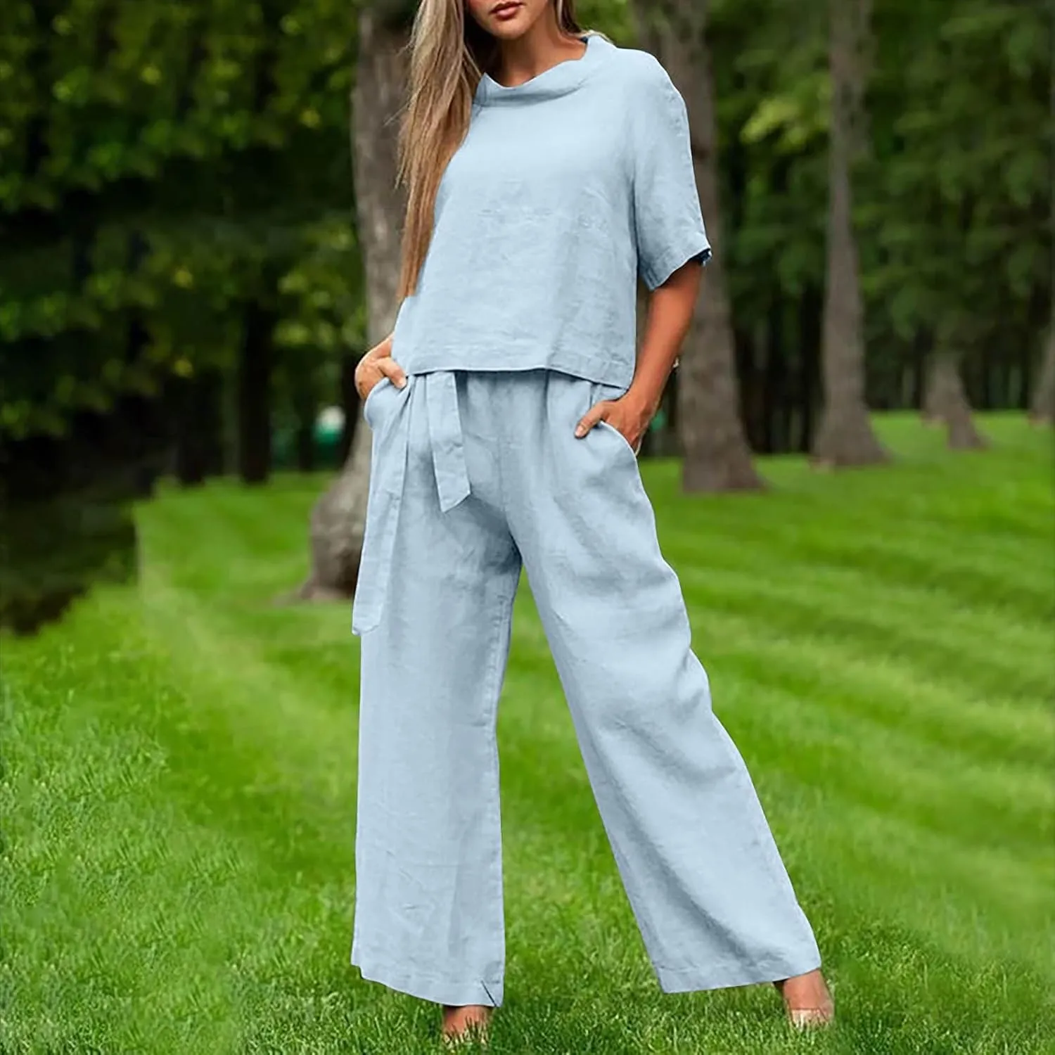 Cotton Linen Two Piece Set For Women Summer Vacation Outfits Sets Short Sleeve Tops Wide Leg Pants Matching Lounge Set