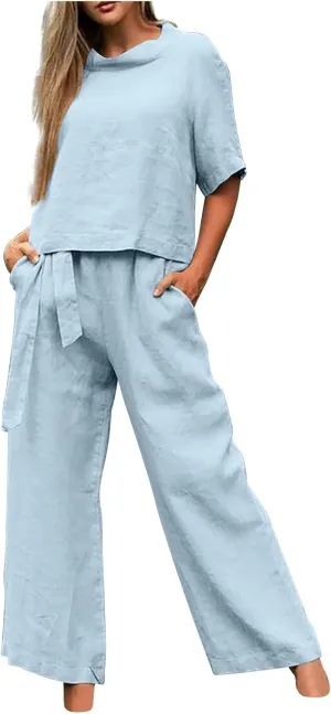 Cotton Linen Two Piece Set For Women Summer Vacation Outfits Sets Short Sleeve Tops Wide Leg Pants Matching Lounge Set