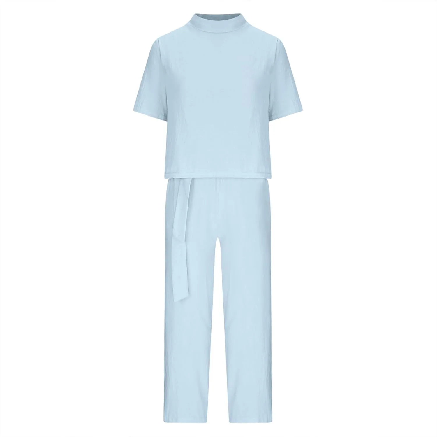 Cotton Linen Two Piece Set For Women Summer Vacation Outfits Sets Short Sleeve Tops Wide Leg Pants Matching Lounge Set