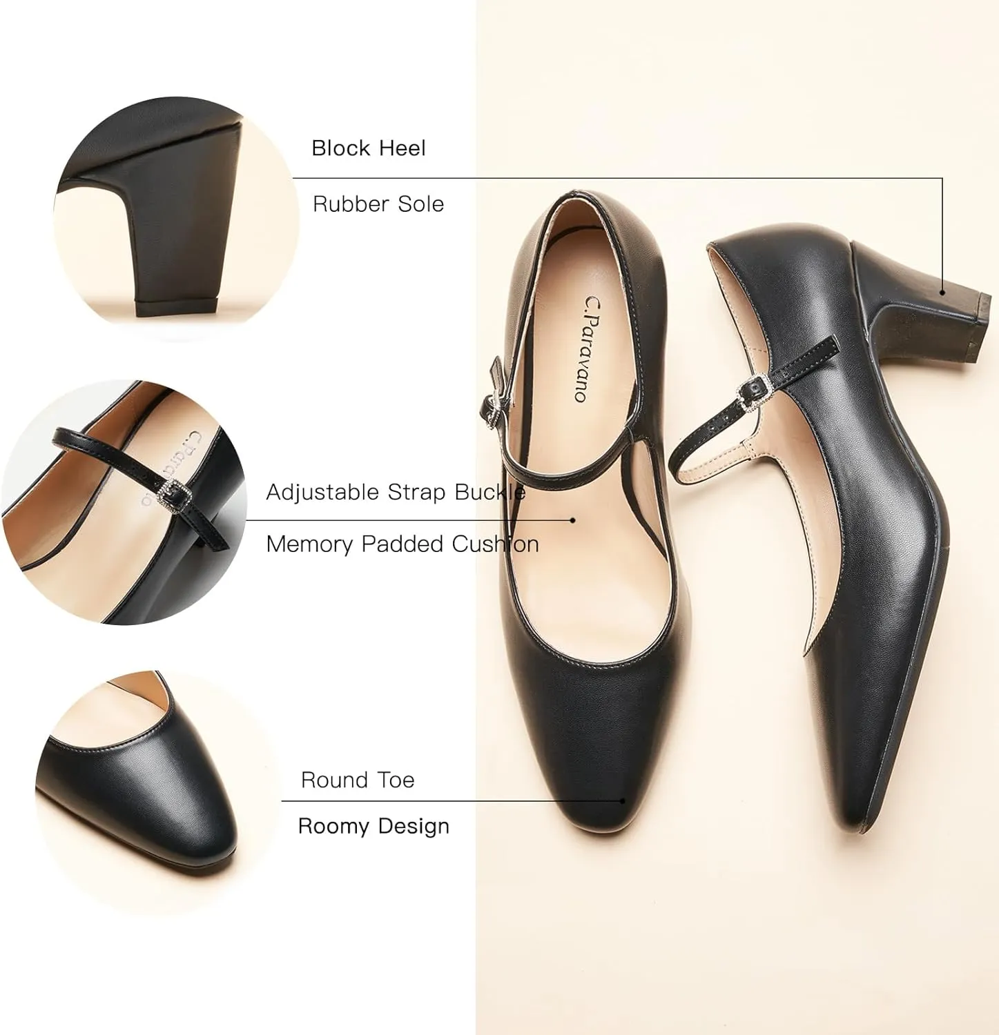 C.Paravano Women 's Pumps Mary Jane Heels Closed Round Toe Low Chunky Heels Adjustable Strap Fashion Dress Shoes