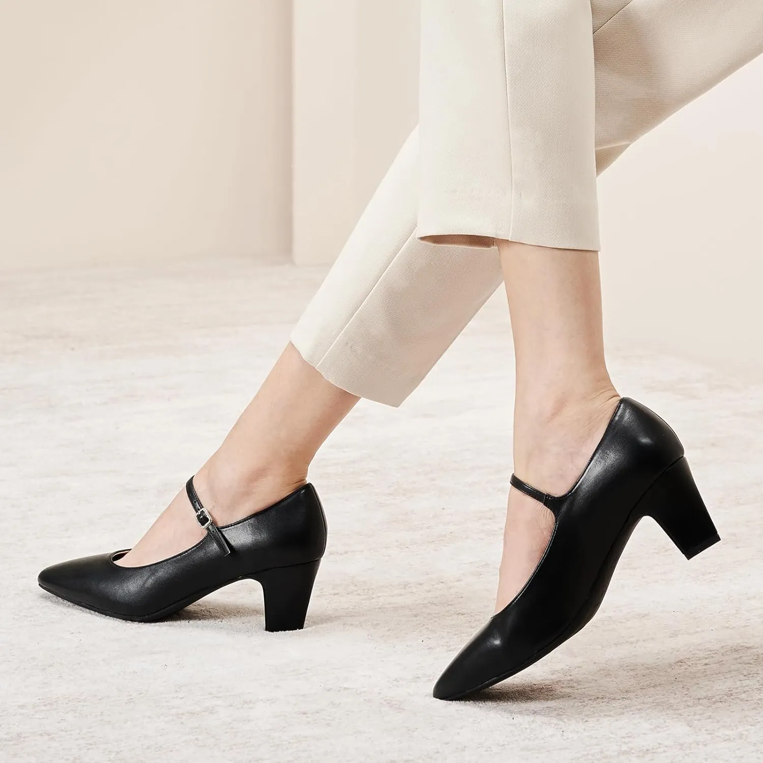 C.Paravano Women 's Pumps Mary Jane Heels Closed Round Toe Low Chunky Heels Adjustable Strap Fashion Dress Shoes