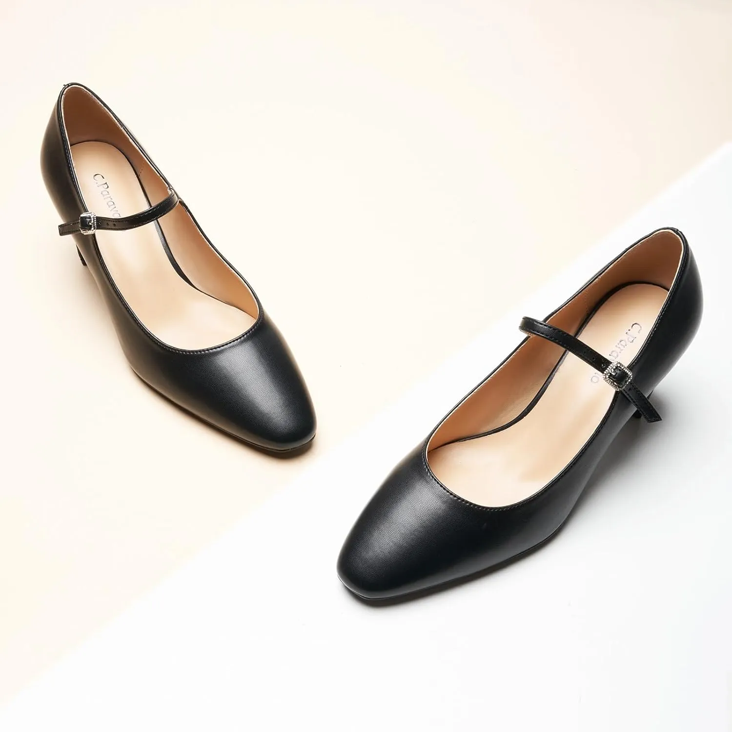 C.Paravano Women 's Pumps Mary Jane Heels Closed Round Toe Low Chunky Heels Adjustable Strap Fashion Dress Shoes