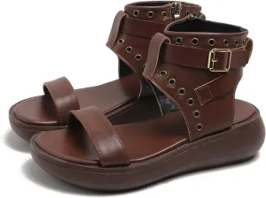 Crepuscute Women's Leather High Top Platform Peep Toe Sandals With Buckle Fashion Adjustable Side Zip Roman Sandals Summer Outdoor Beach Walking Sandals