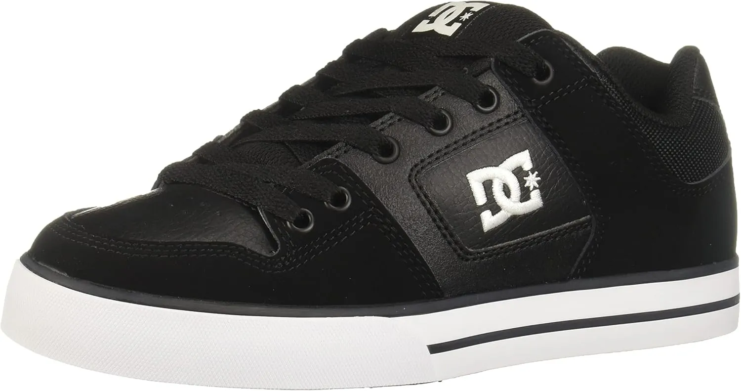 DC Men's Pure Low Top Lace Up Casual Skate Shoe Sneaker, Black/Black/White, 12