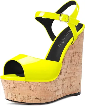 DearOnly Womens Wedge Platform Sandals Peep Open Toe Ankle Strap Slingback Cork Block Chunky Heel Patent Dress Shoes Bridal Wedding 6 Inch