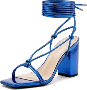 Elisabet Tang Women's Strappy Chunky Heels Sandals, 3 inch Low Block Heels Lace Up Ankle Wrap Heels Square Open Toe Tie Up Heeled Sandals Shoes