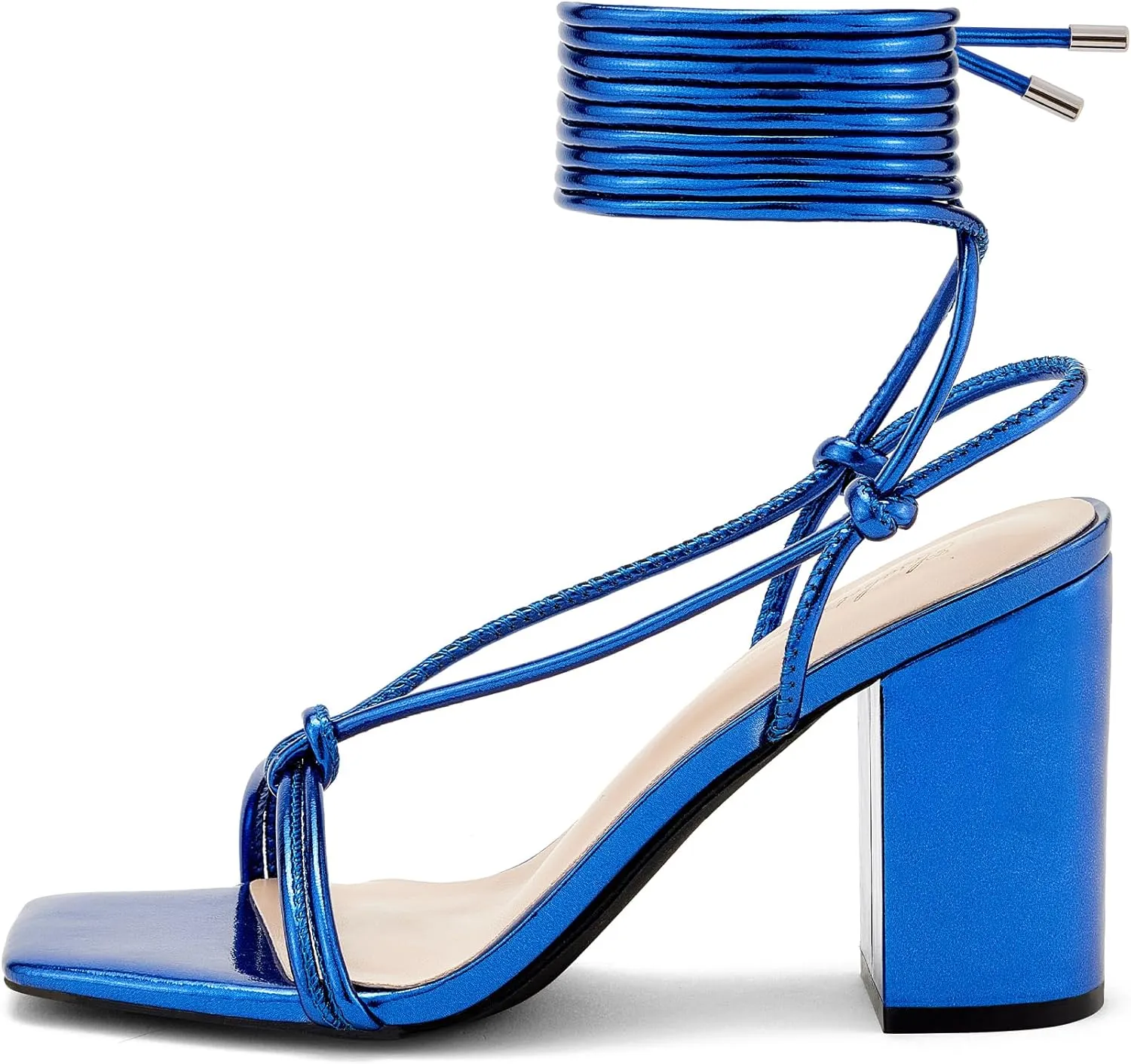 Elisabet Tang Women's Strappy Chunky Heels Sandals, 3 inch Low Block Heels Lace Up Ankle Wrap Heels Square Open Toe Tie Up Heeled Sandals Shoes