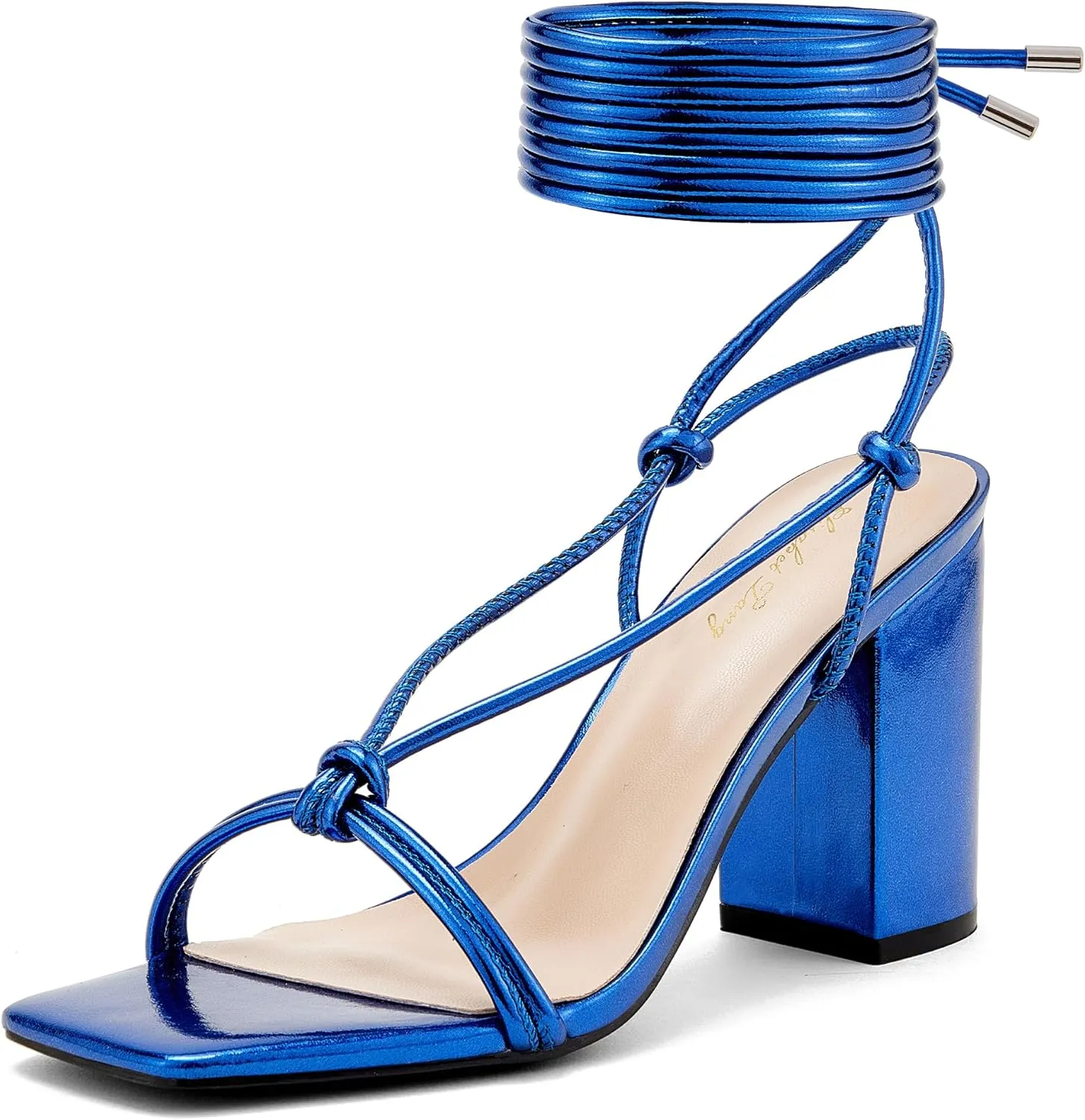 Elisabet Tang Women's Strappy Chunky Heels Sandals, 3 inch Low Block Heels Lace Up Ankle Wrap Heels Square Open Toe Tie Up Heeled Sandals Shoes