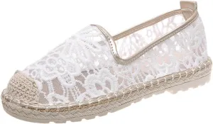 Espadrille Loafers Women Closed Toe Slip on Casual Espadrilles Knit Lace Floral Wide Width Stretch Textile Stylish Summer Dress Shoes