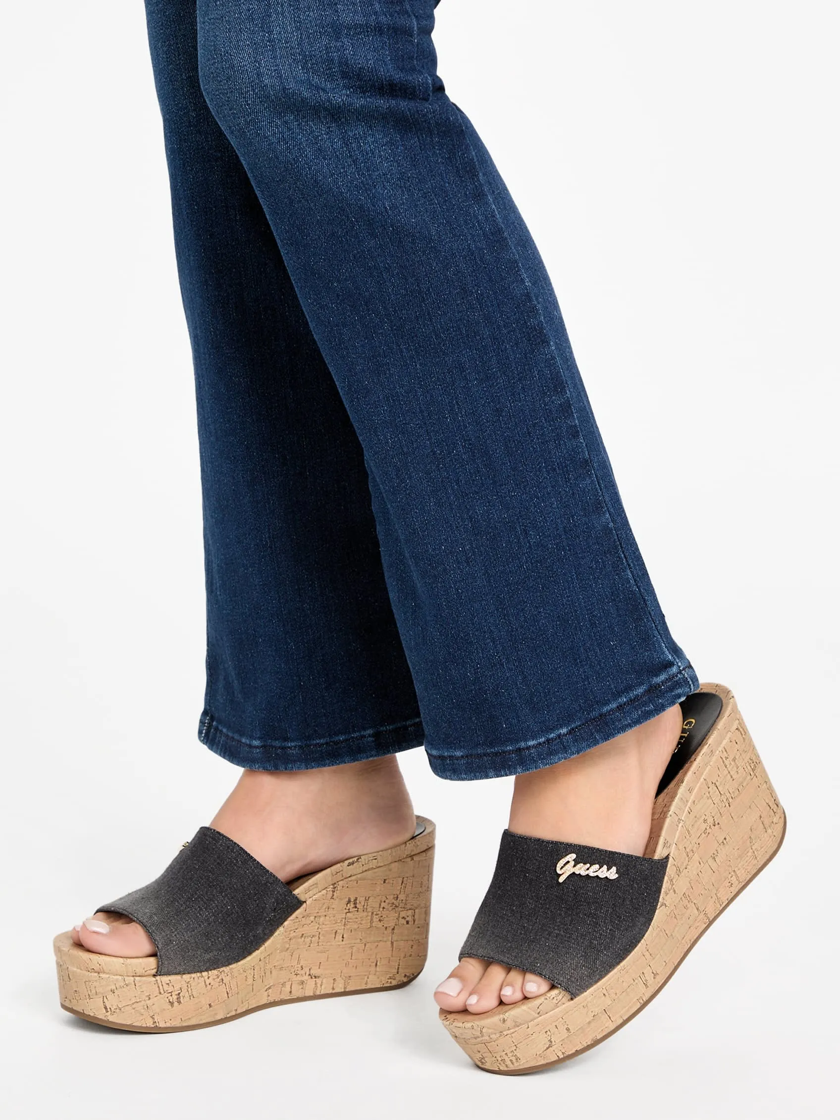 Fours Denim Cork Wedge Mules