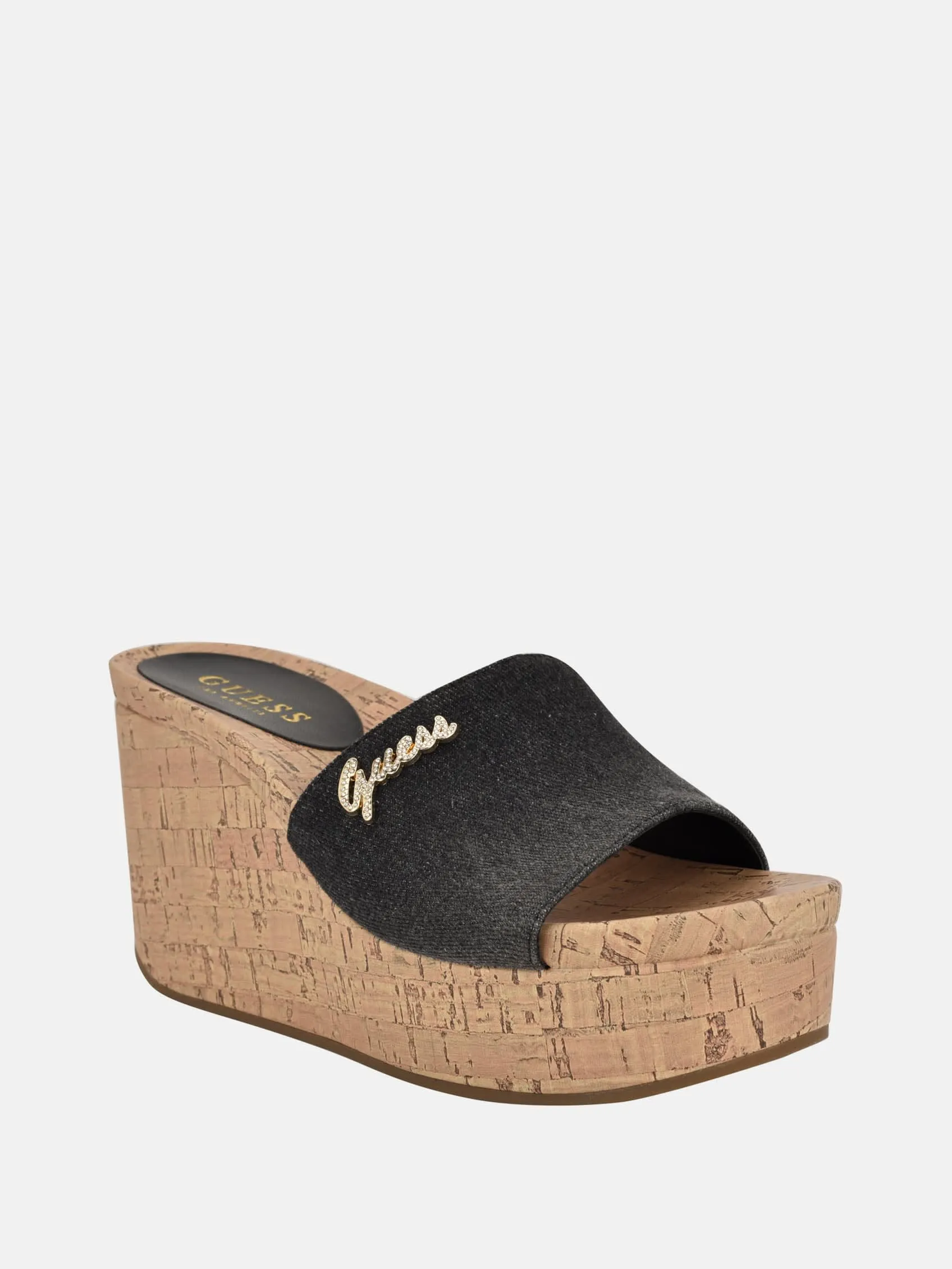 Fours Denim Cork Wedge Mules