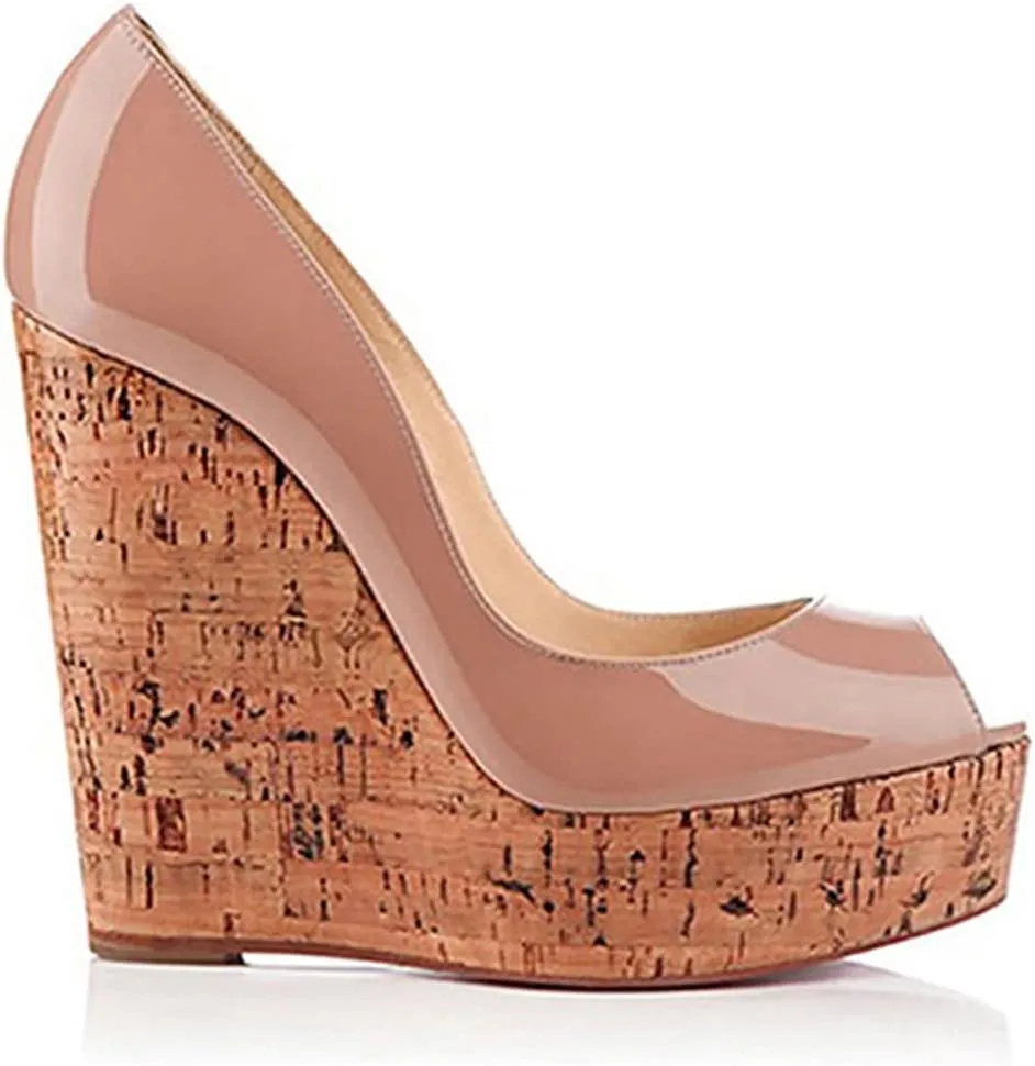 FOWT Noble High Cork Wedges Peep Toe Women Pumps with Platform,Summer Glossy Ladies Slip On Sandals Dress Party and Princess Shoes,US Size 4-16