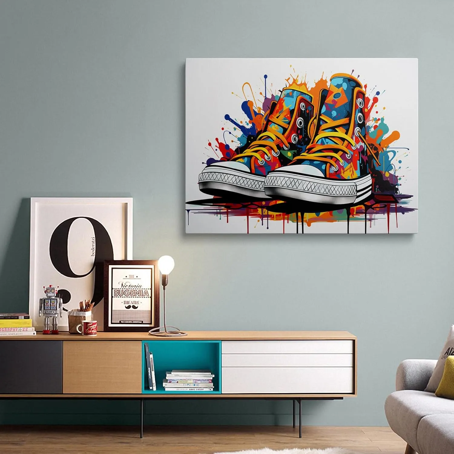 Framed Trendy Banksy Graffiti Pop Sneaker Shoe Canvas Wall Art Cool Gym Sports Decor Poster For Living Room Bedroom Home Office Artwork Gift Ready To Hang(12x16 Inches)