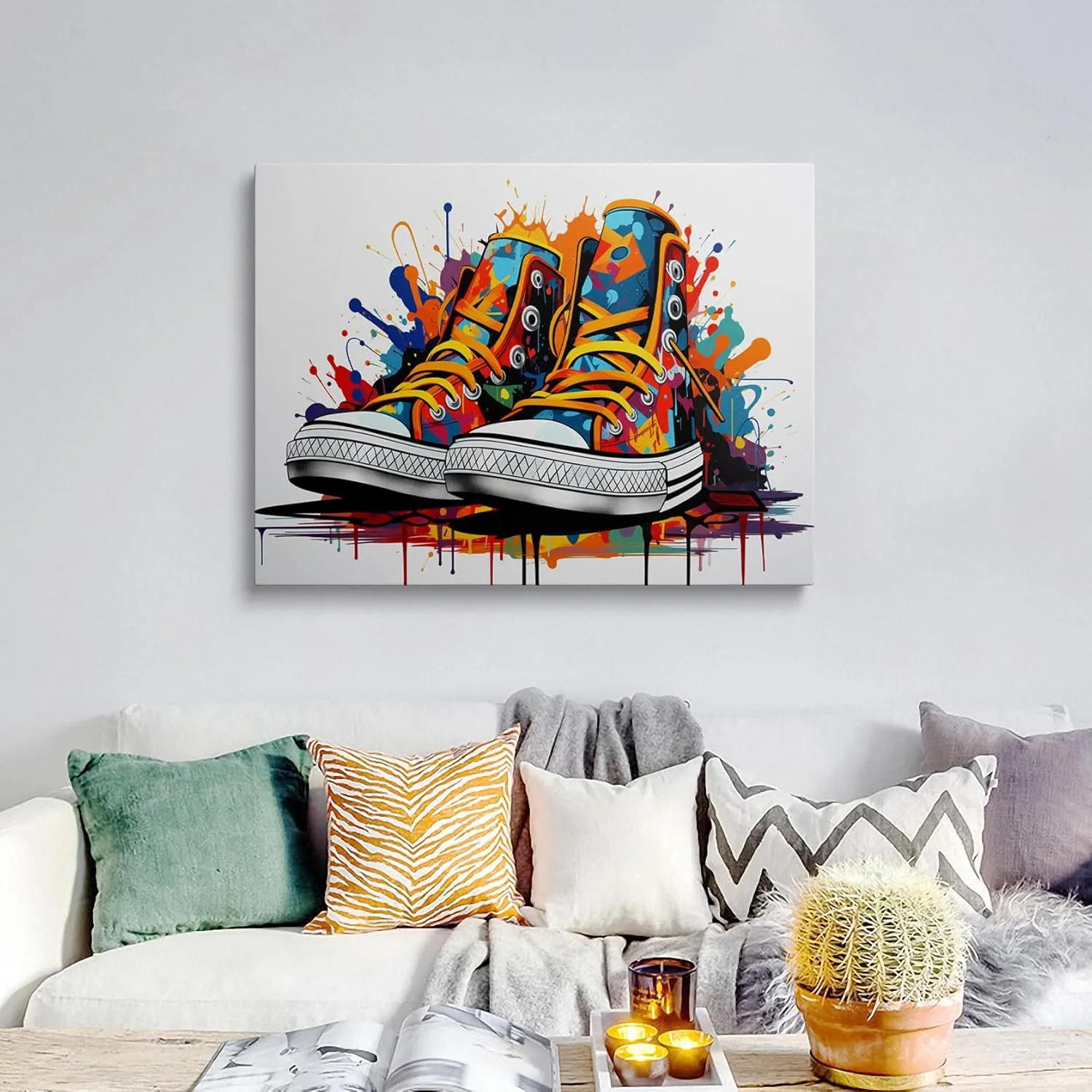 Framed Trendy Banksy Graffiti Pop Sneaker Shoe Canvas Wall Art Cool Gym Sports Decor Poster For Living Room Bedroom Home Office Artwork Gift Ready To Hang(12x16 Inches)