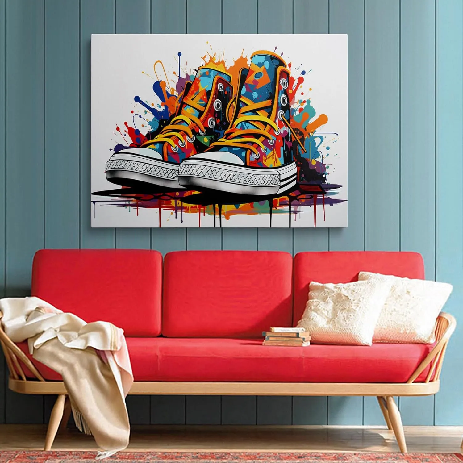 Framed Trendy Banksy Graffiti Pop Sneaker Shoe Canvas Wall Art Cool Gym Sports Decor Poster For Living Room Bedroom Home Office Artwork Gift Ready To Hang(12x16 Inches)