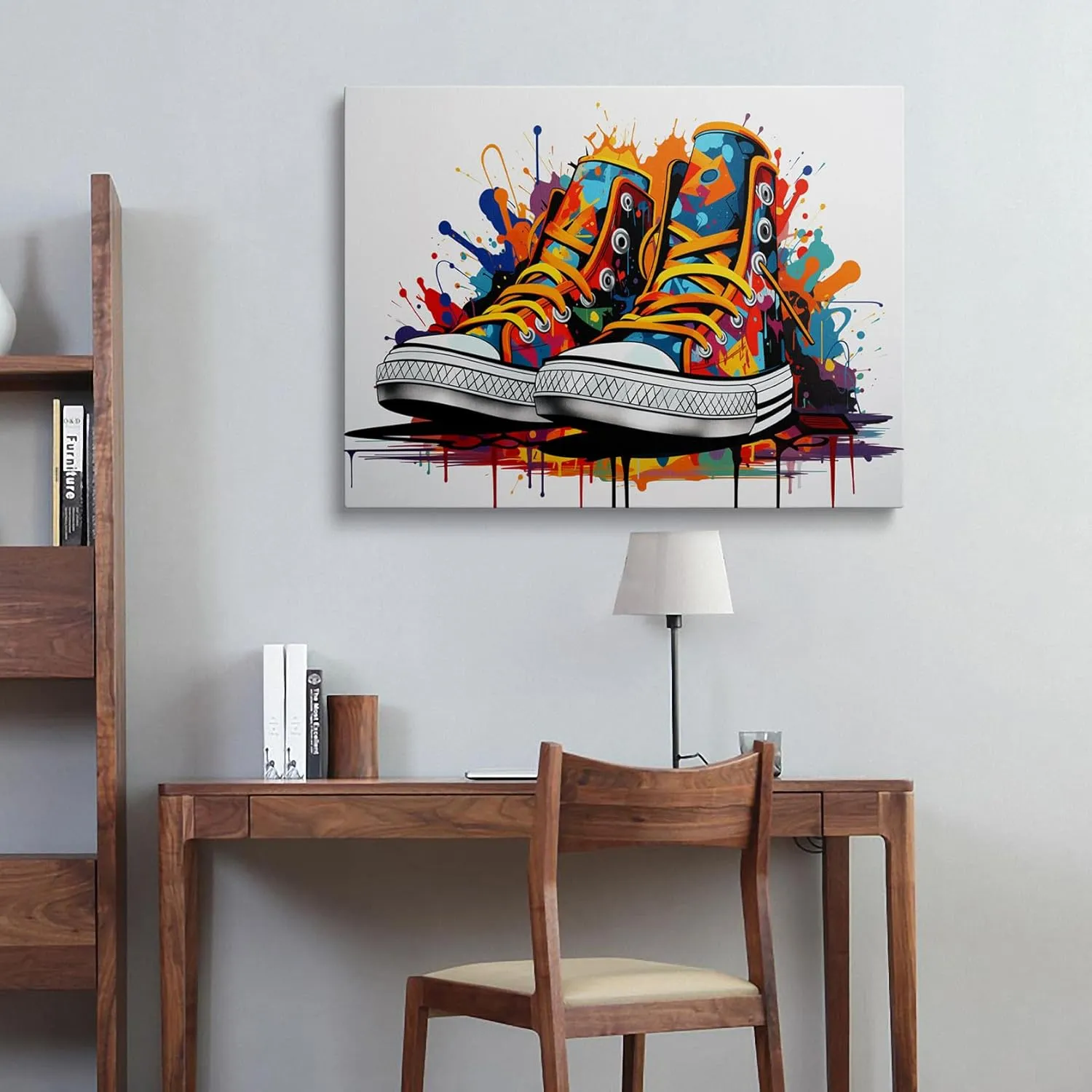 Framed Trendy Banksy Graffiti Pop Sneaker Shoe Canvas Wall Art Cool Gym Sports Decor Poster For Living Room Bedroom Home Office Artwork Gift Ready To Hang(12x16 Inches)