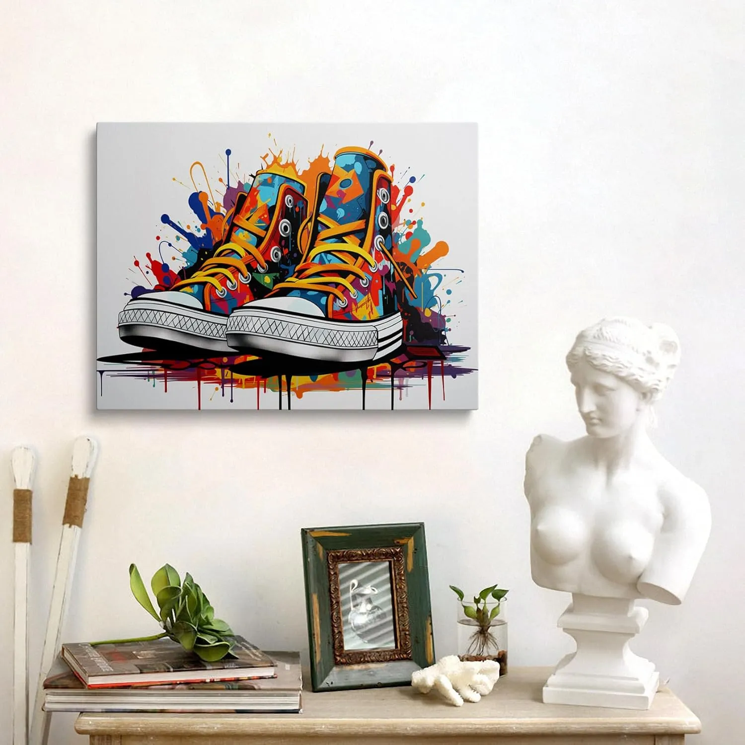 Framed Trendy Banksy Graffiti Pop Sneaker Shoe Canvas Wall Art Cool Gym Sports Decor Poster For Living Room Bedroom Home Office Artwork Gift Ready To Hang(12x16 Inches)