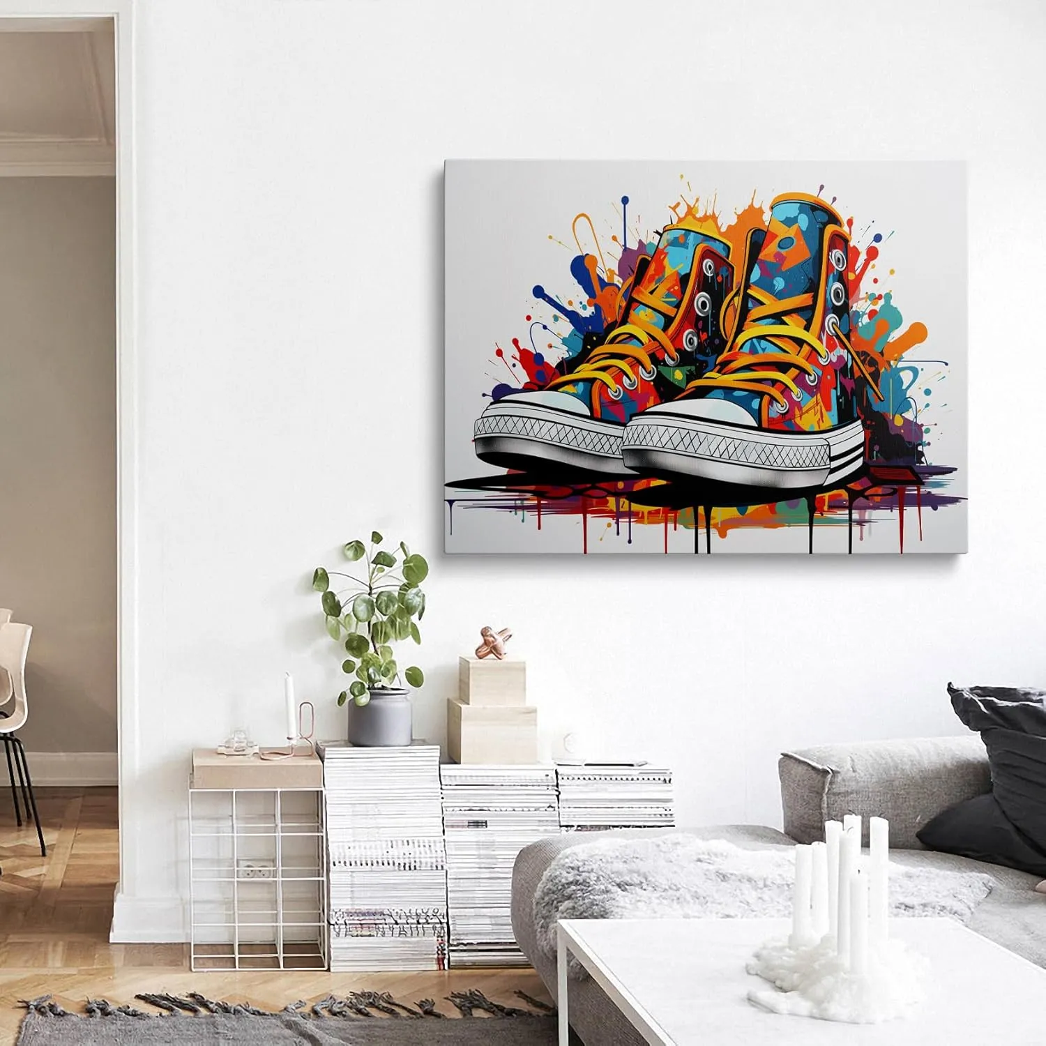 Framed Trendy Banksy Graffiti Pop Sneaker Shoe Canvas Wall Art Cool Gym Sports Decor Poster For Living Room Bedroom Home Office Artwork Gift Ready To Hang(12x16 Inches)