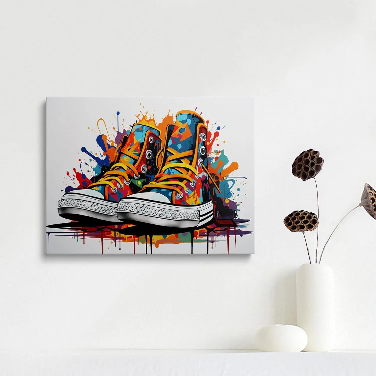 Framed Trendy Banksy Graffiti Pop Sneaker Shoe Canvas Wall Art Cool Gym Sports Decor Poster For Living Room Bedroom Home Office Artwork Gift Ready To Hang(12x16 Inches)