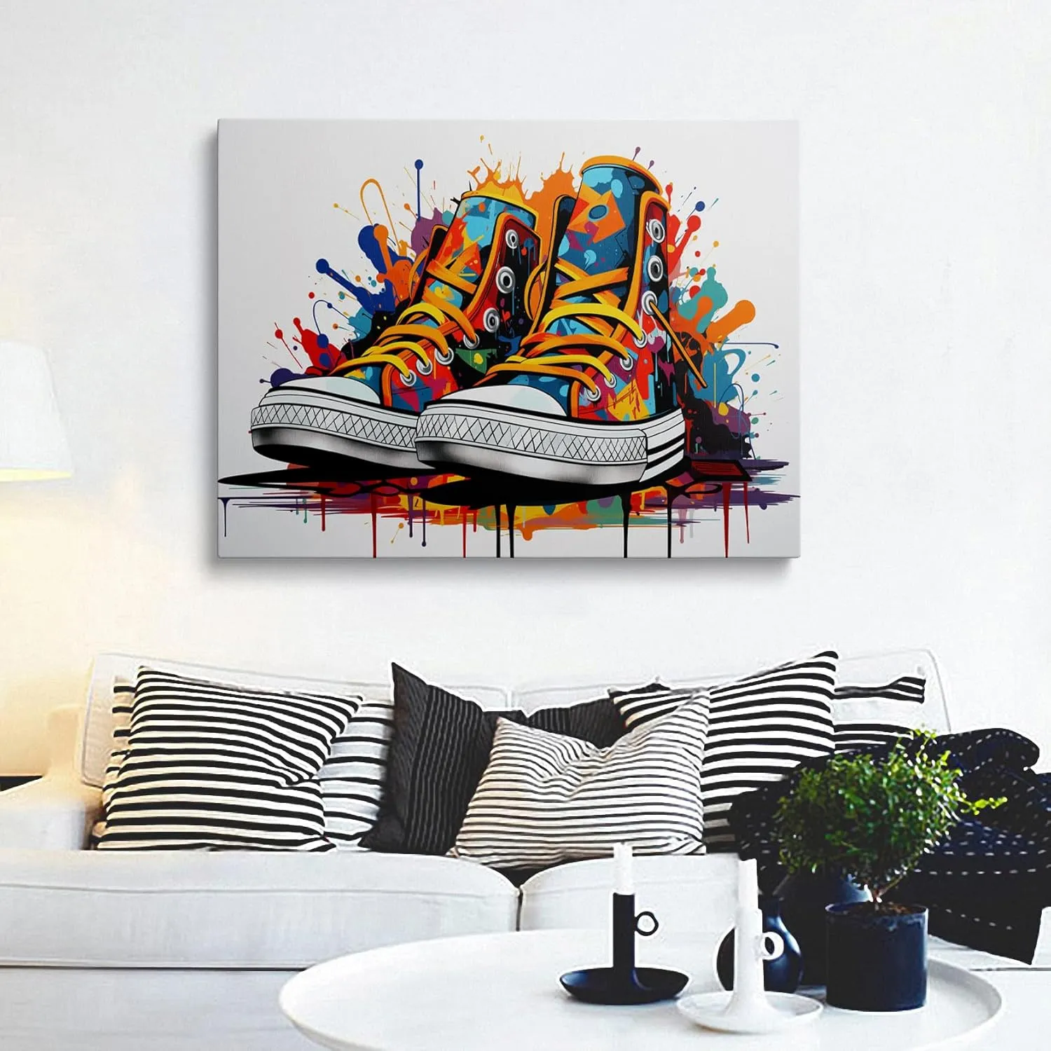Framed Trendy Banksy Graffiti Pop Sneaker Shoe Canvas Wall Art Cool Gym Sports Decor Poster For Living Room Bedroom Home Office Artwork Gift Ready To Hang(12x16 Inches)