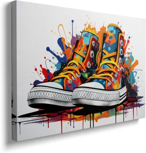 Framed Trendy Banksy Graffiti Pop Sneaker Shoe Canvas Wall Art Cool Gym Sports Decor Poster For Living Room Bedroom Home Office Artwork Gift Ready To Hang(12x16 Inches)
