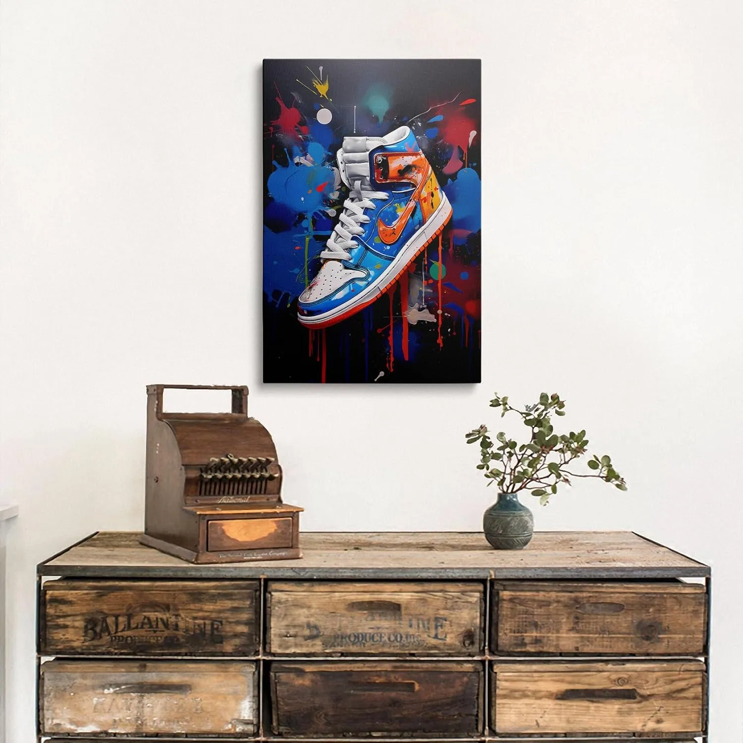Framed Trendy Cool Banksy Graffiti Pop Sneaker Shoe Canvas Wall Art Gym Sports Decor Poster For Living Room Bedroom Home Office Artwork Gift Ready To Hang(12x16 Inches)