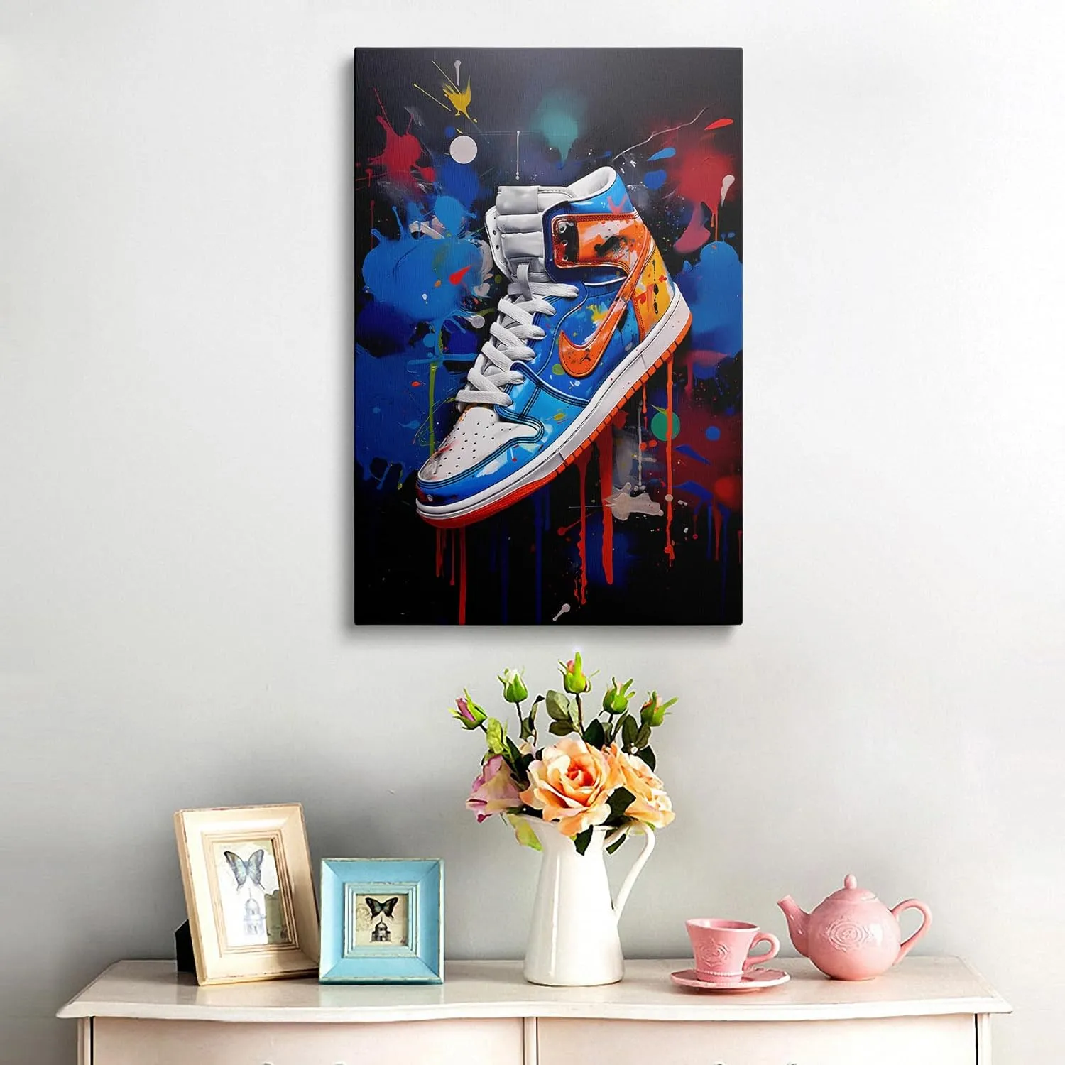 Framed Trendy Cool Banksy Graffiti Pop Sneaker Shoe Canvas Wall Art Gym Sports Decor Poster For Living Room Bedroom Home Office Artwork Gift Ready To Hang(12x16 Inches)