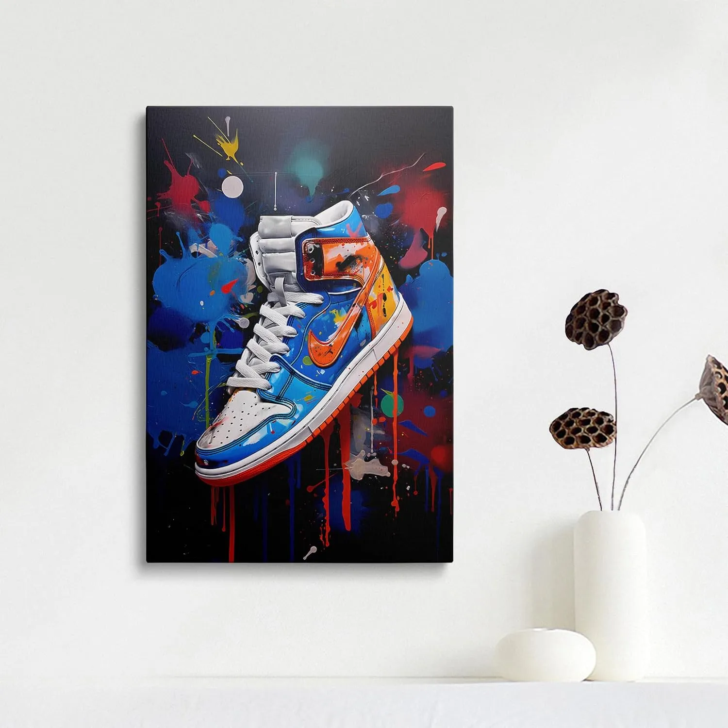 Framed Trendy Cool Banksy Graffiti Pop Sneaker Shoe Canvas Wall Art Gym Sports Decor Poster For Living Room Bedroom Home Office Artwork Gift Ready To Hang(12x16 Inches)