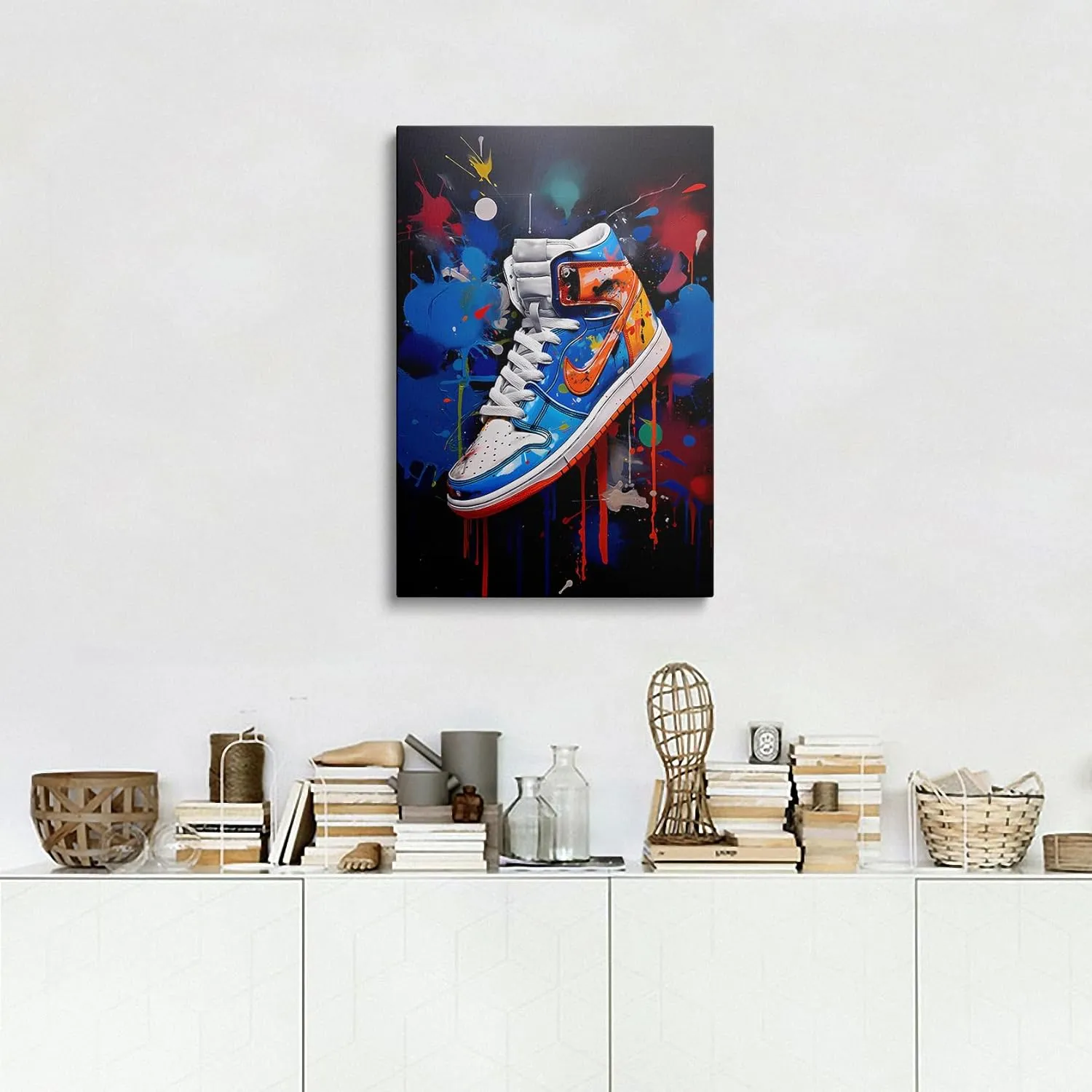 Framed Trendy Cool Banksy Graffiti Pop Sneaker Shoe Canvas Wall Art Gym Sports Decor Poster For Living Room Bedroom Home Office Artwork Gift Ready To Hang(12x16 Inches)