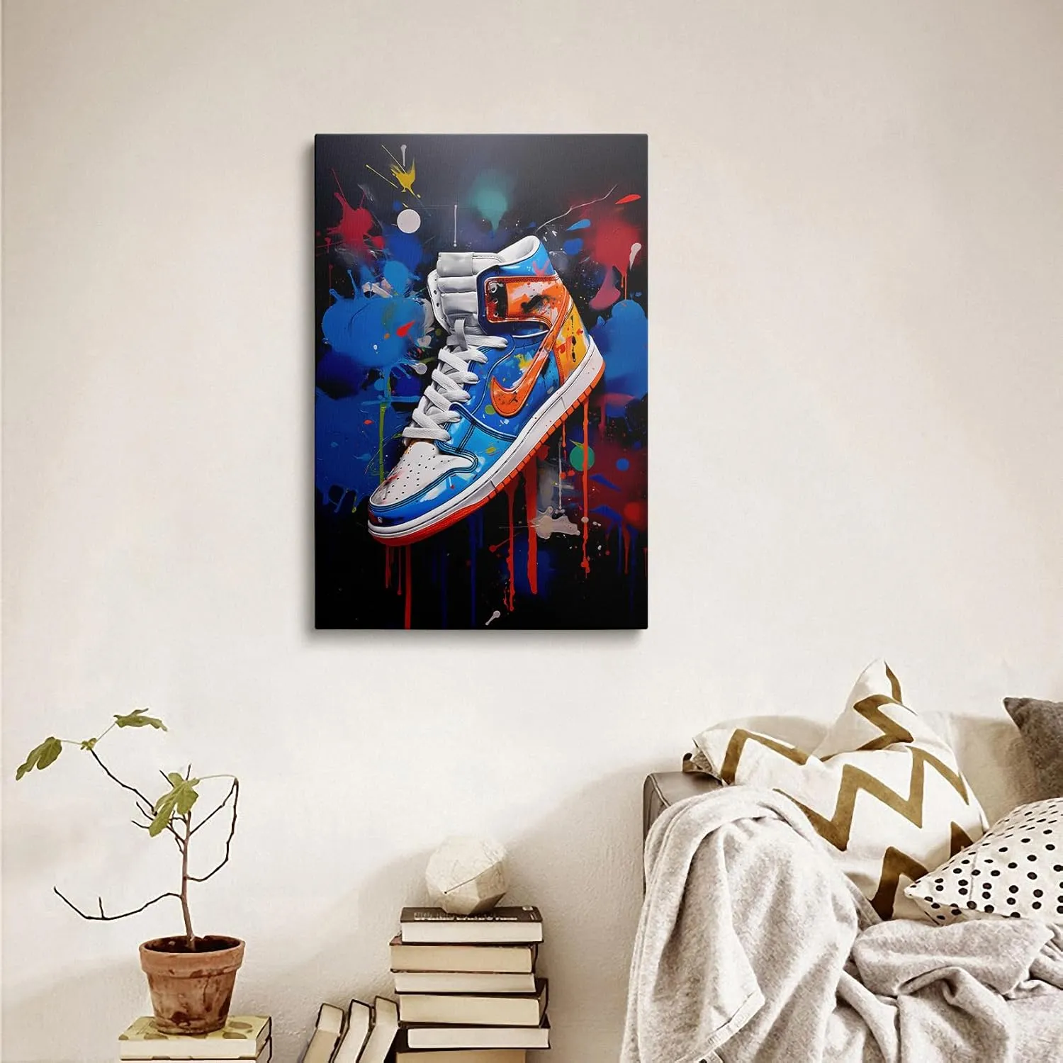 Framed Trendy Cool Banksy Graffiti Pop Sneaker Shoe Canvas Wall Art Gym Sports Decor Poster For Living Room Bedroom Home Office Artwork Gift Ready To Hang(12x16 Inches)