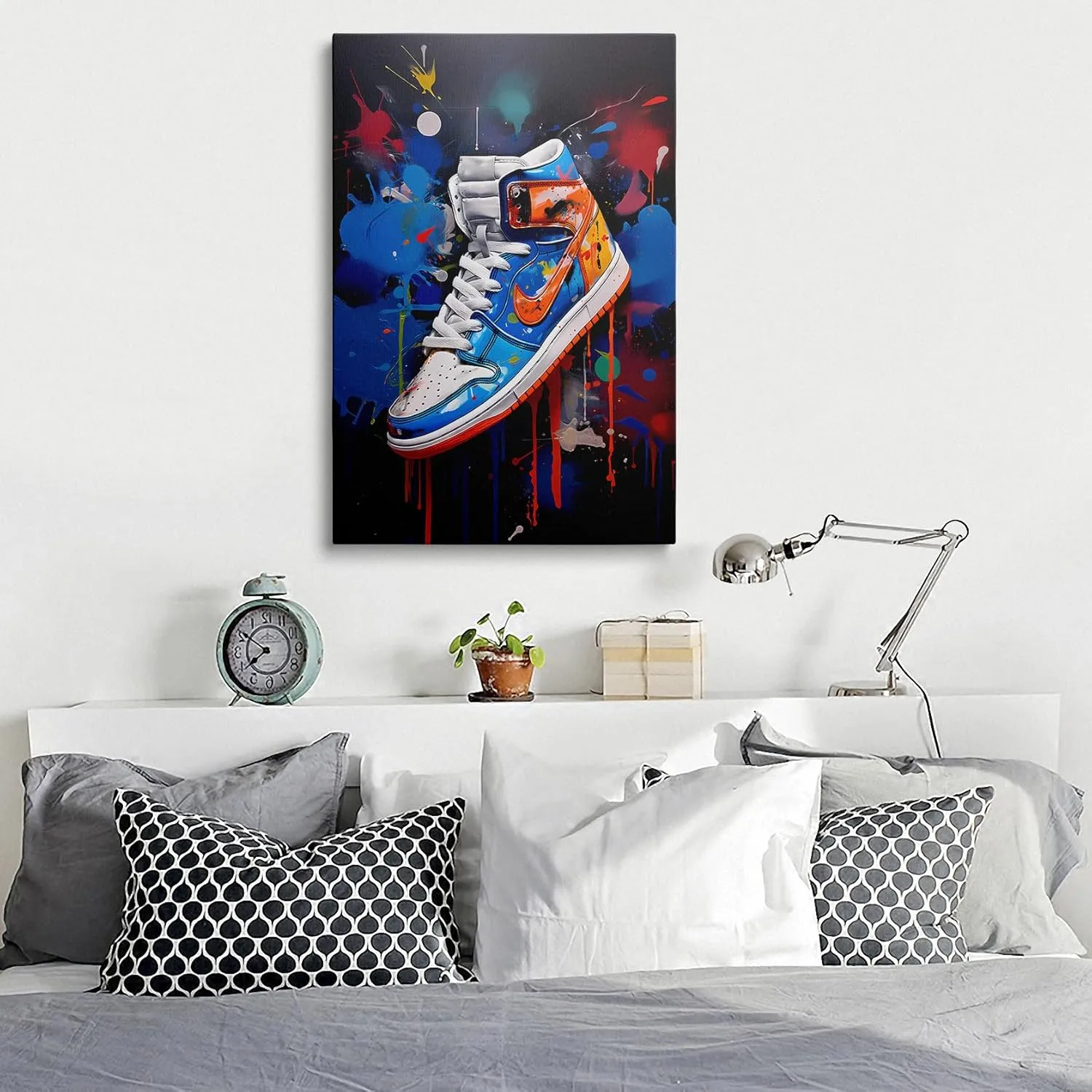 Framed Trendy Cool Banksy Graffiti Pop Sneaker Shoe Canvas Wall Art Gym Sports Decor Poster For Living Room Bedroom Home Office Artwork Gift Ready To Hang(12x16 Inches)