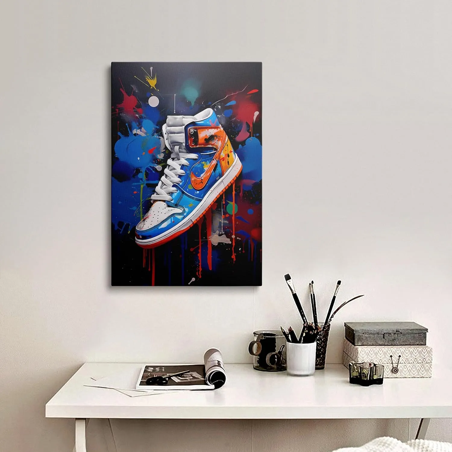 Framed Trendy Cool Banksy Graffiti Pop Sneaker Shoe Canvas Wall Art Gym Sports Decor Poster For Living Room Bedroom Home Office Artwork Gift Ready To Hang(12x16 Inches)