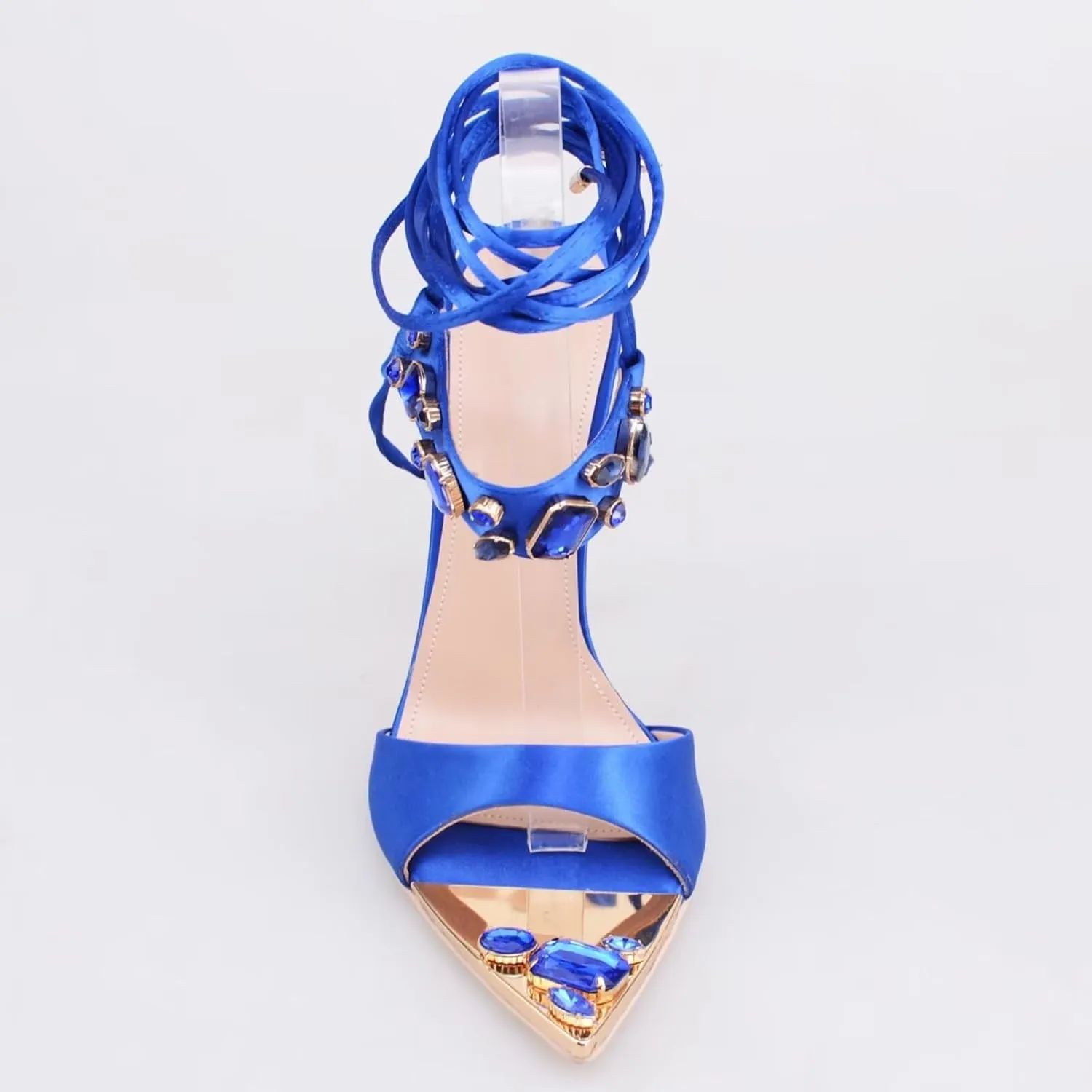 Frankie Hsu Women's Large Big Size Lace Up Luxury Crystal Rhinestone Green Gem Stiletto Satin High Heeled Sandals