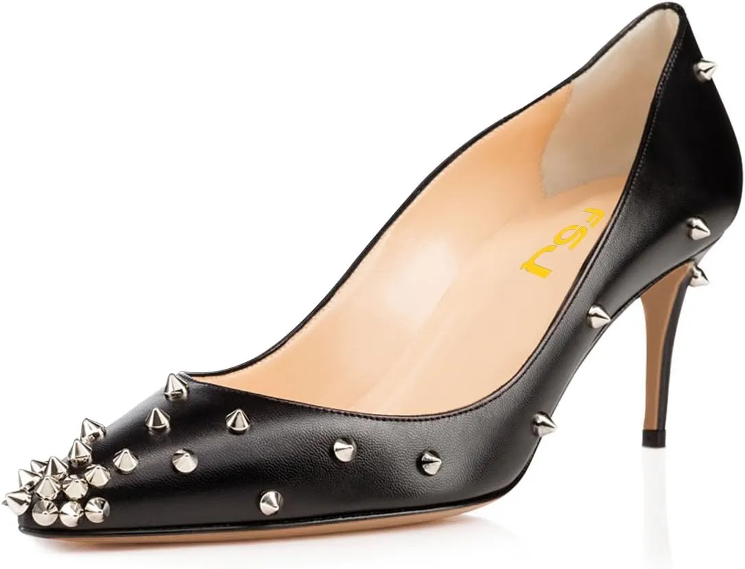 FSJ Women Classic Low Kitten Heel Pointed Closed Toe Pumps Slip On Office Ladies Prom Wedding Dress Basic Shoes Size 4-15 US