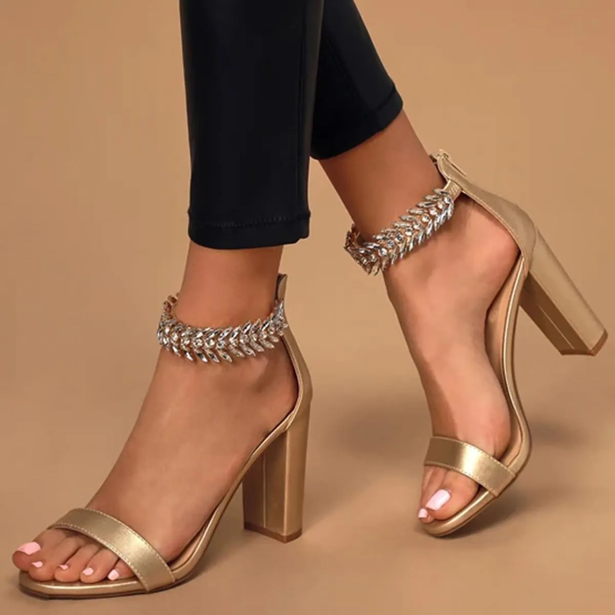 FSJ Women Classic Open Toe Chunky High Heel Sandal Embellished Crystal Ankle Strap Back Zipper Evening Pumps Dress Shoes Size 4-15 US