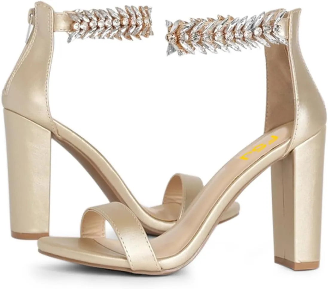 FSJ Women Classic Open Toe Chunky High Heel Sandal Embellished Crystal Ankle Strap Back Zipper Evening Pumps Dress Shoes Size 4-15 US