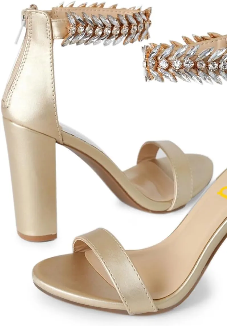 FSJ Women Classic Open Toe Chunky High Heel Sandal Embellished Crystal Ankle Strap Back Zipper Evening Pumps Dress Shoes Size 4-15 US