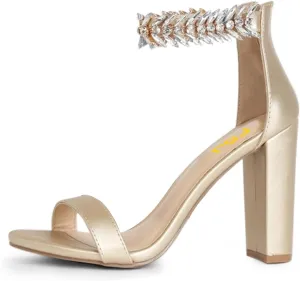 FSJ Women Classic Open Toe Chunky High Heel Sandal Embellished Crystal Ankle Strap Back Zipper Evening Pumps Dress Shoes Size 4-15 US